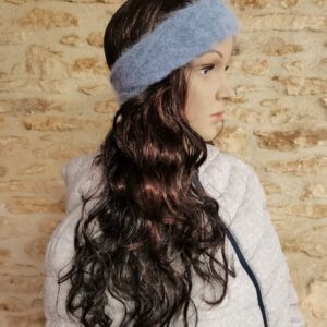 Bandeau tresse bleu chiné 80% Angora tricoté main